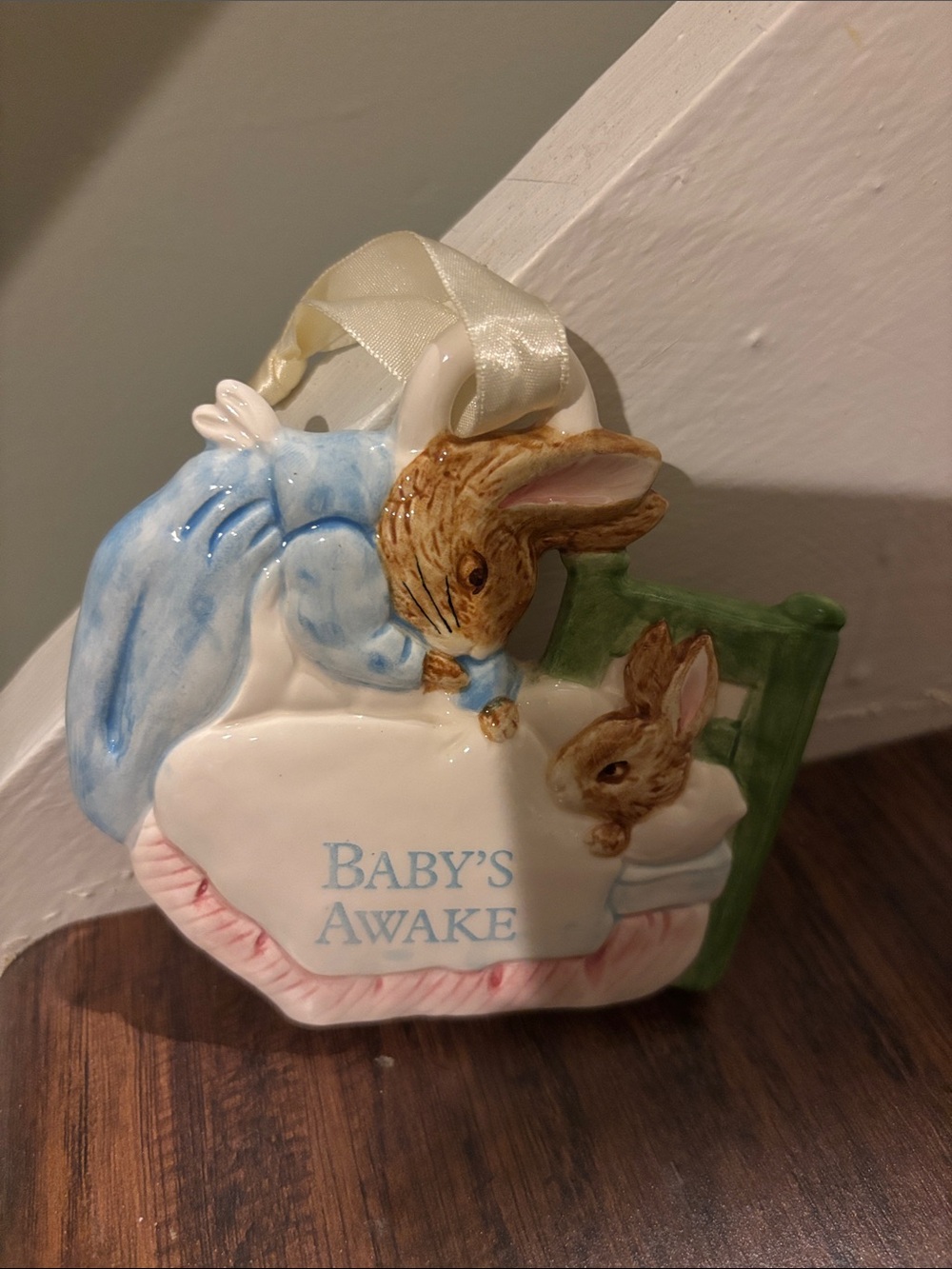 Baby's Awake Porcelain Bunny Nursery door hanger Cream, Blue, Green